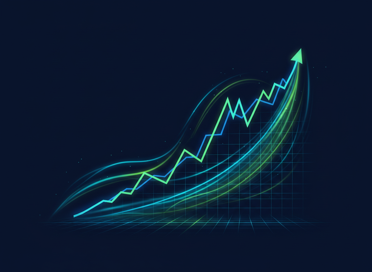 Abstract dark navy background with electric blue and green data visualization, glowing upward-trending line graph climbing like Google search rankings